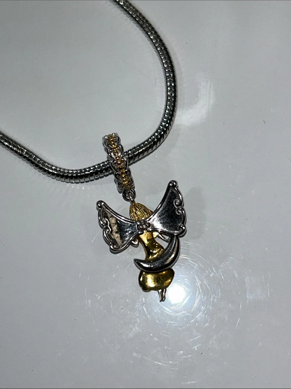 NWOT Gems En Vogue Palladium 18k Genuine Gemstone Swinging Moon Angel Euro Charm